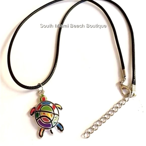 Sea Turtle Necklace Silver Plated Pop Art Multicolor Enamel Nautical Island 18" - Picture 3 of 11